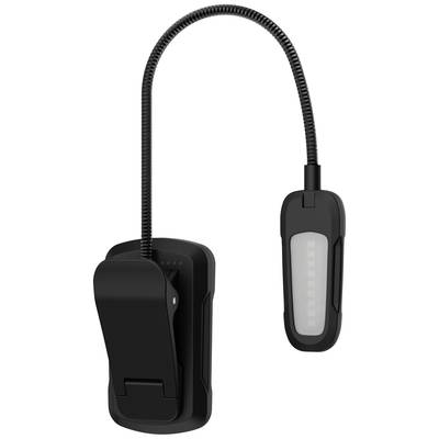 En bärbar LED-läslampa med flexibel hals och clip för fästning på böcker eller hyllor. Perfekt för läsaktiviteter i mörker.