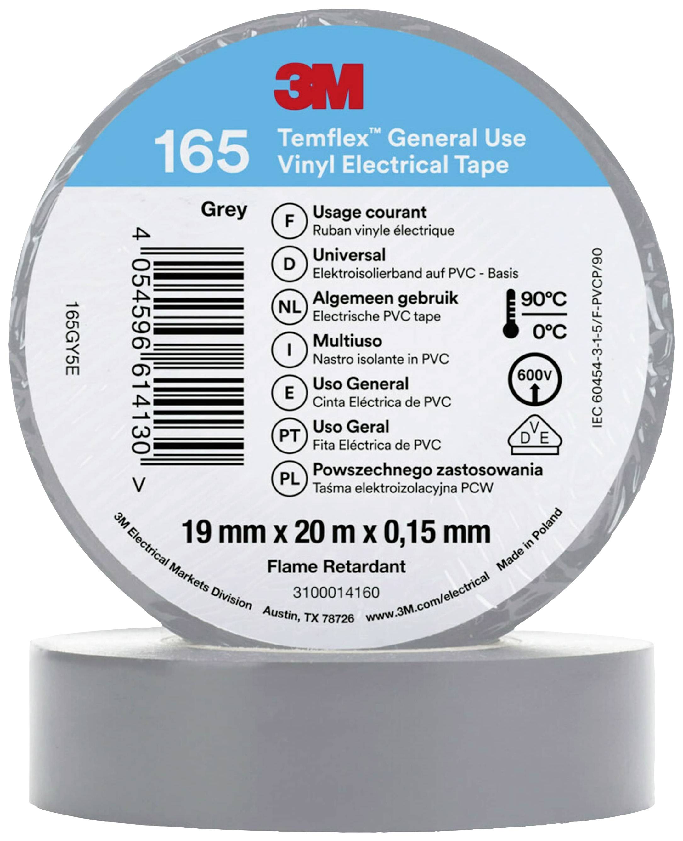 Grå 3M Temflex 165, universell vinyl-isoleringstejp för elektriska tillämpningar, 19 mm x 20 m, flamskyddad, med användningsinstruktioner på rullen.