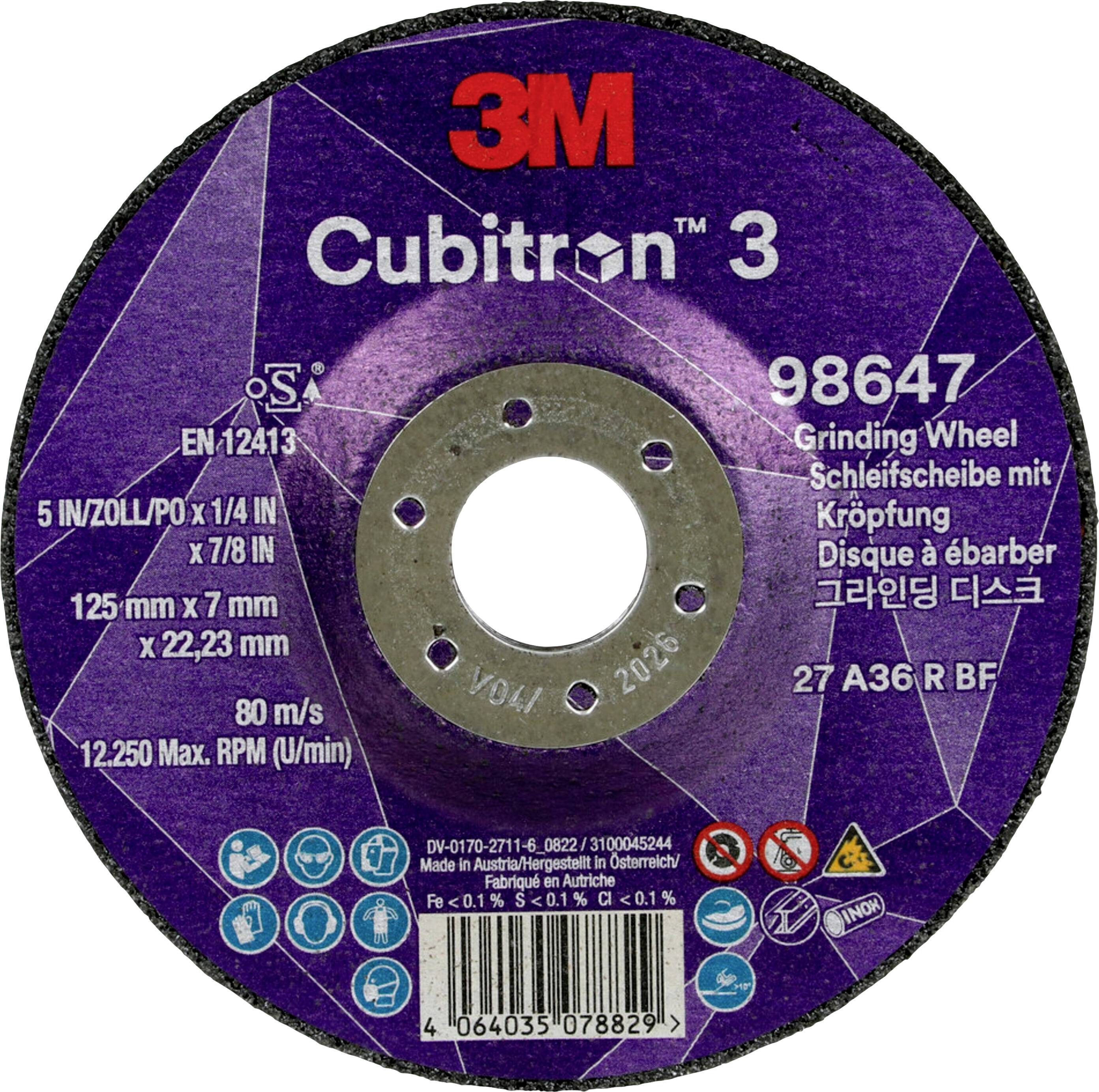 Kubisk slipskiva '3M Cubitron 3', modellnummer 98647, 125 mm x 7 mm x 22,23 mm, maximal rotationshastighet 12.250 rpm.