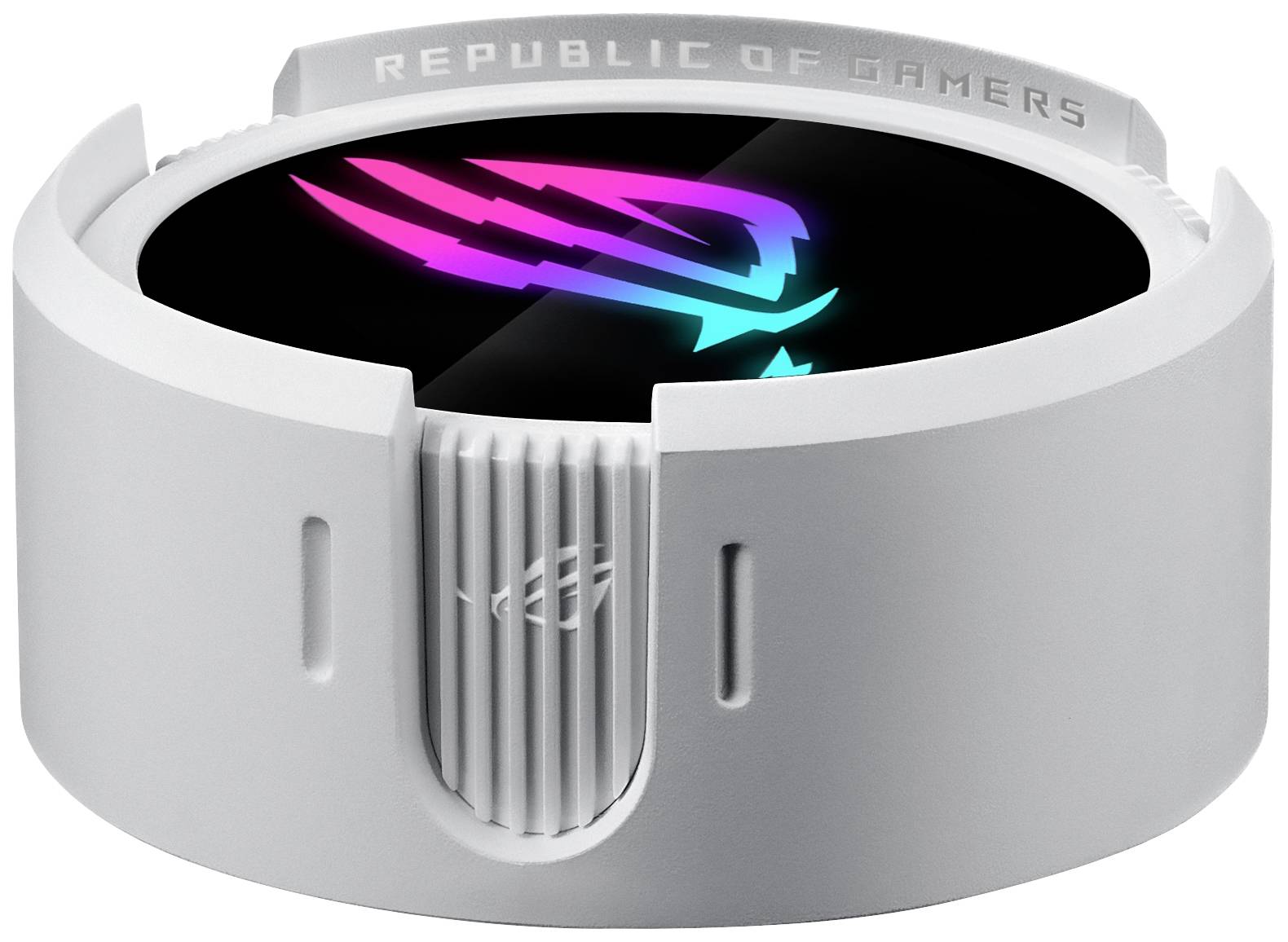 En vit, rund enhet med logotypen 'Republic of Gamers' och en flerfärgad, lysande symbol på ovansidan.