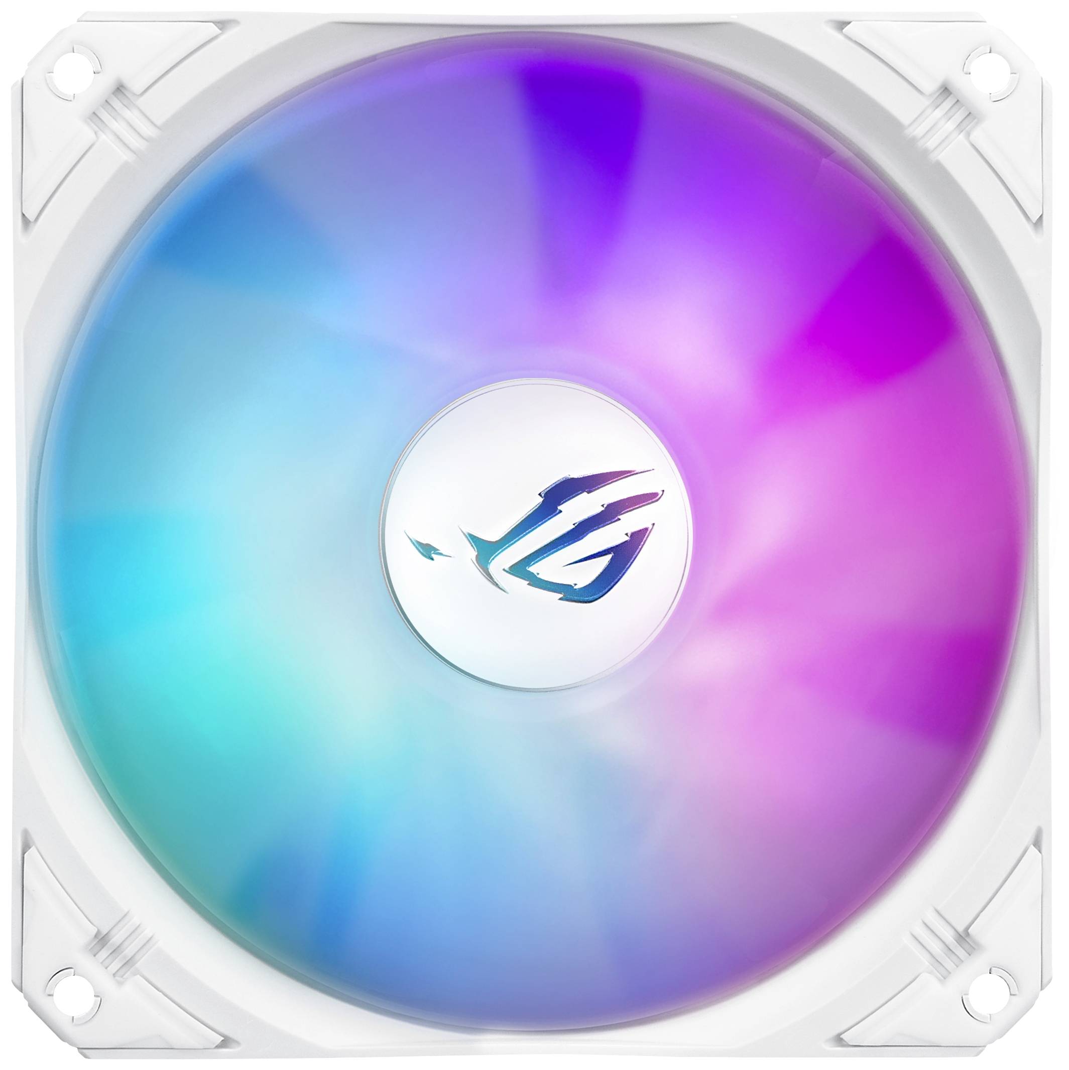 Datorventilator i vitt med mångfärgad LED-belysning som visar övergångar från grönt till lila och representerar teknologisk estetik.