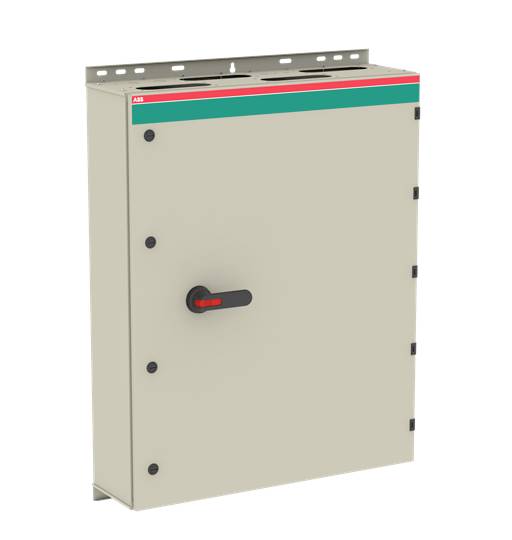 Elskåp med metallhölje och röd handtag. Varumärkets logotyp i det övre området. Används för styrning av elektriska system.