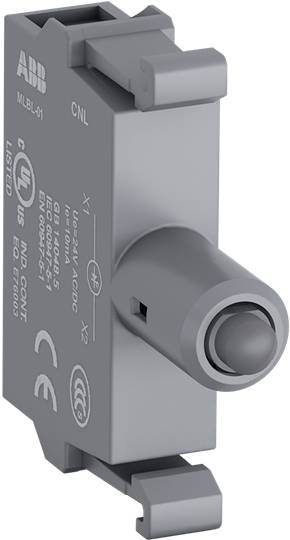 ABB-enhet, grå plastomkopplare med knapp, lämplig för elektriska styrsystem. CE-certifierad, sidovy.
