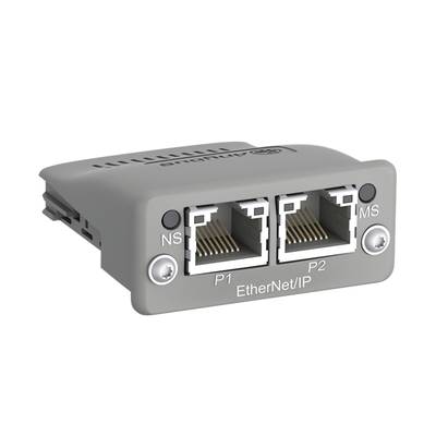 EtherNet/IP-modul med två Ethernet-portar, märkta som P1 och P2, samt två LED-indikatorer, märkta som NS och MS.