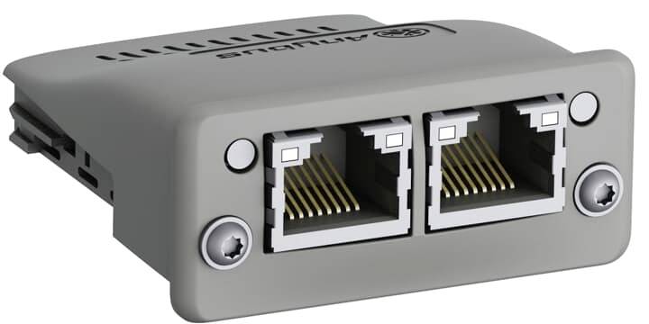 Två intilliggande Ethernet-portar på en grå adapter, lämplig för nätverkskabelanslutningar.