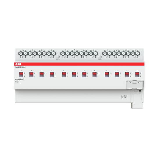 'ABB KNX kopplingsaktor med 12 switches, modell SA/S12.16.2.2, för styrning av elektriska enheter i smarta hemmasystem.'