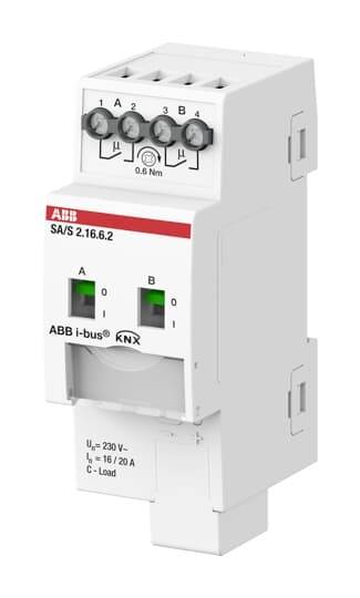 En elektronisk styrenhet från ABB, modell SA/S 2.16.6.2, med anslutningar ovanpå och märkningarna 'A', 'B' för utgångar.