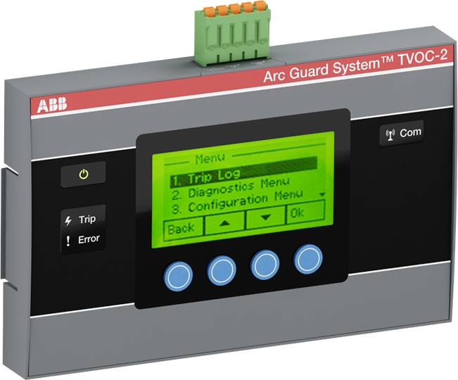Ett digitalt skyddsenhetsystem med en display som visar menyalternativ: 'Reslogg', 'Diagnostikmeny', 'Konfigurationsmeny'. Överst står 'Arc Guard System™ TVOC-2'.