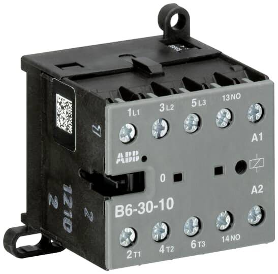 En grå ABB-kontaktor B6-30-10 med flera klämmor och kopplingsschema på framsidan, lämplig för styrning av elektriska kretsar.