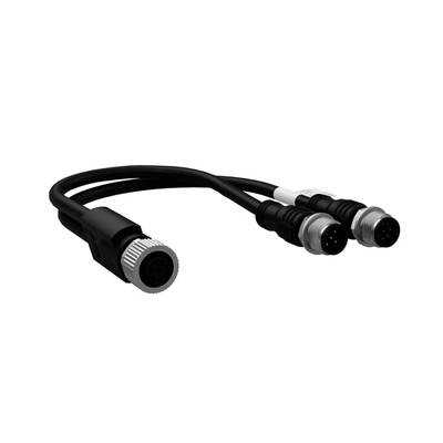 Kabel med en enskild hona-kontakt som delar sig i två hane-kontakter. Används för elektriska anslutningar.