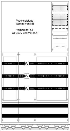 'Ersättningsplattan kommer från NB, förberedd för WF35ZV och WF35ZT.' Skissen visar arrangemanget för specifika komponenter inom ett tekniskt område.