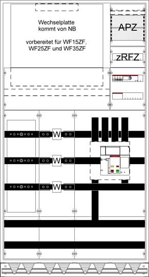 Teknisk plan för ett elektriskt elskåp med huvudbrytare och flera sektioner, förberedd för specifika modeller.