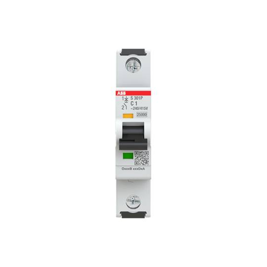 Effektbrytare med ABB-logotyp. Märkningar: 'S 301P', 'C 1', '2040/415V'. QR-kod och serienummer synliga.
