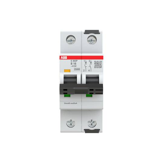 En tvåpolig säkringsautomater från ABB. Modellnummer: S 302P B16, med en omkopplingsström på 16A och märkspänning på 400/415V.
