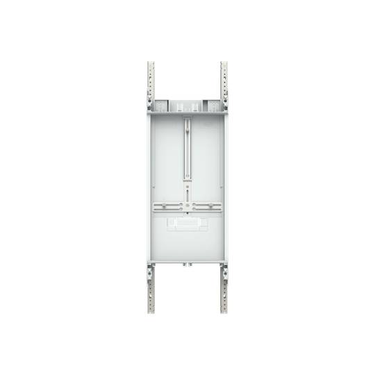Illustration av en teknisk monteringsenhet med skenor på sidorna, lämplig för installation av elektroniska komponenter.