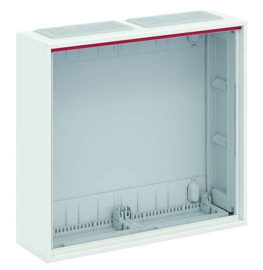 Fördelningsskåp av metall, tomt och öppet, för montering av elektriska komponenter inomhus.