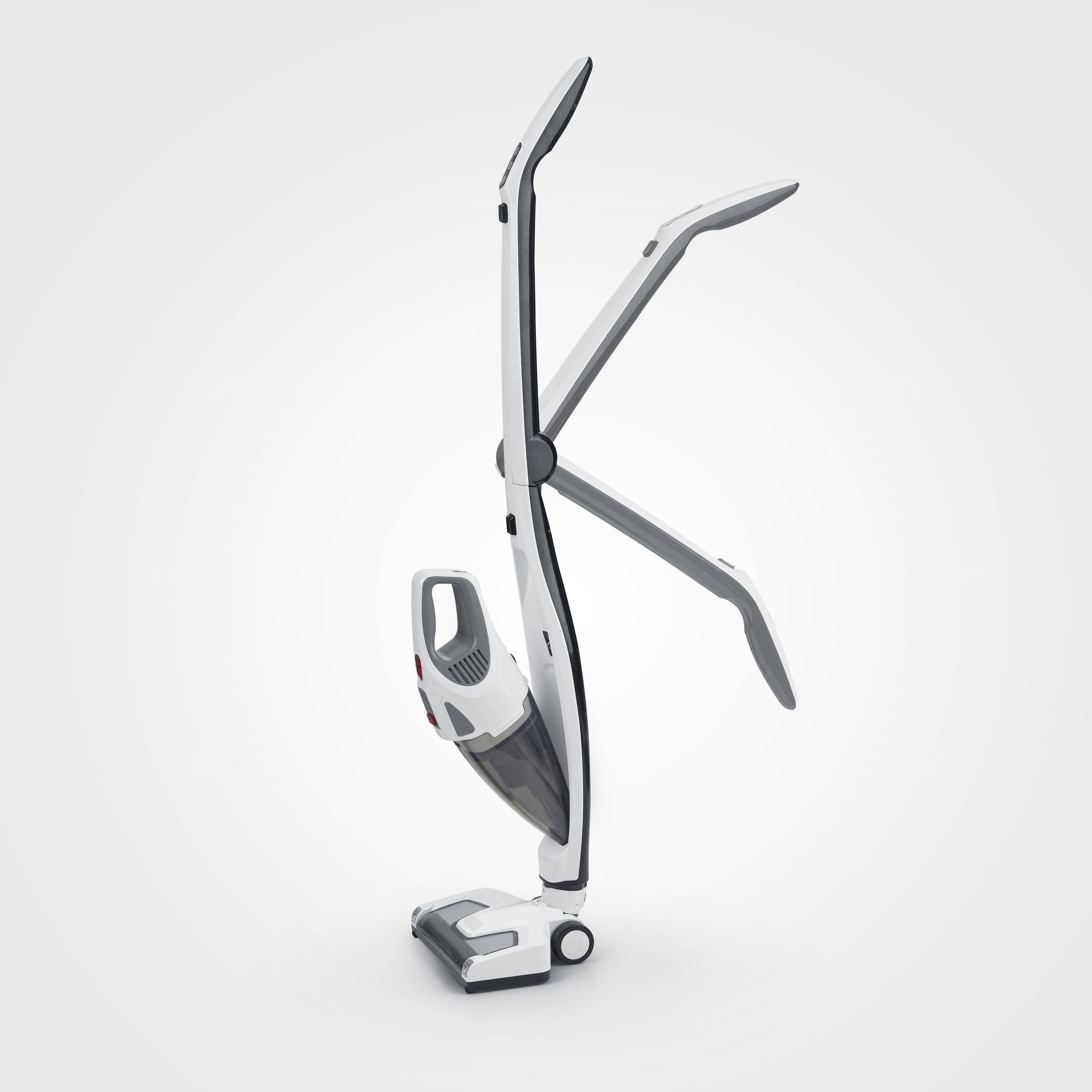 Sladdlös dammsugare i modernt design, stående upprätt med vikbart handtag, i vitt och grått.