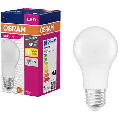 En OSRAM LED-glödlampa bredvid förpackningen. Förpackningen visar 'LED', '806 lm', 'Varmt vitt' och 'Energiklass F'.