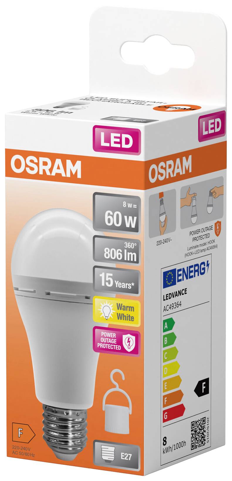 OSRAM LED-lampa Förpackning: 8W, 806 lm, varmvitt, E27. Energieffektivitet F. Håller upp till 15 år. Lämplig för utomhusbruk.
