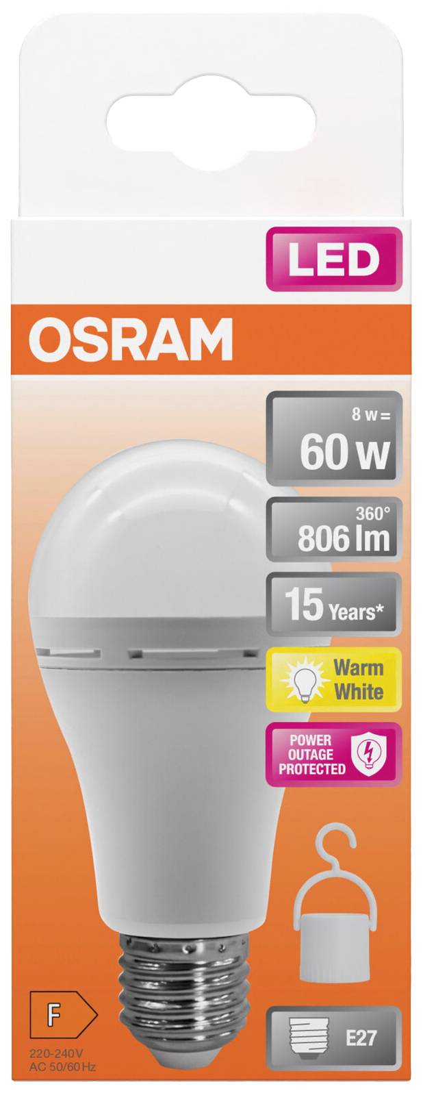 Förpackning för OSRAM LED-glödlampa, 8W, ersätter 60W, 806 lumen, 15 år livslängd, varmt vitt ljus, E27-sockel.