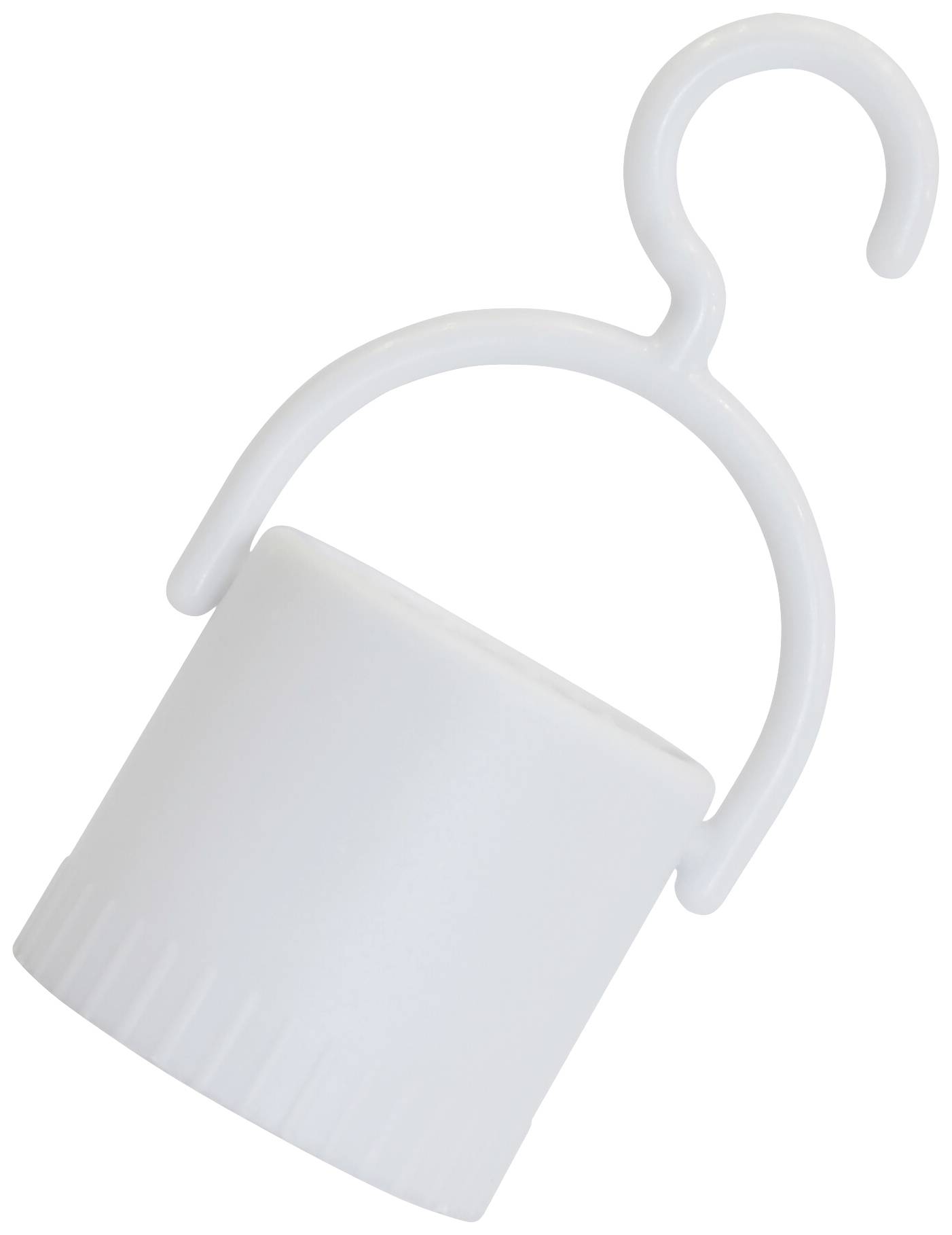 En vit plastlock med bygel och krok, troligen avsedd för en flaska, mot en vit bakgrund.