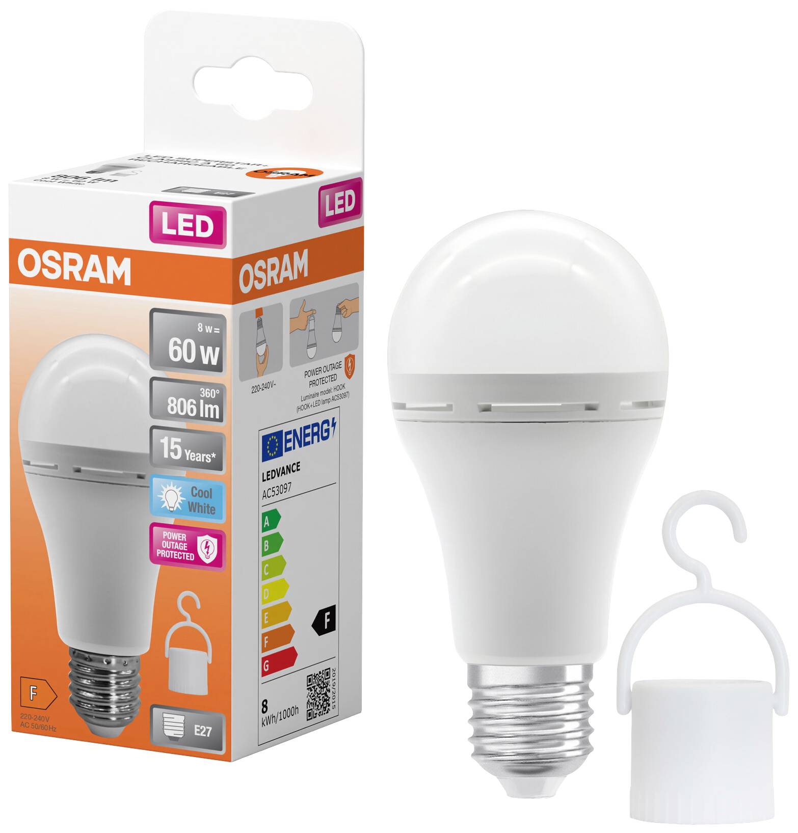 En LED-glödlampa från Osram med förpackning. 60W, 806 lm, 15 års livslängd. Energiklass F, kallvitt ljus. E27-sockel.