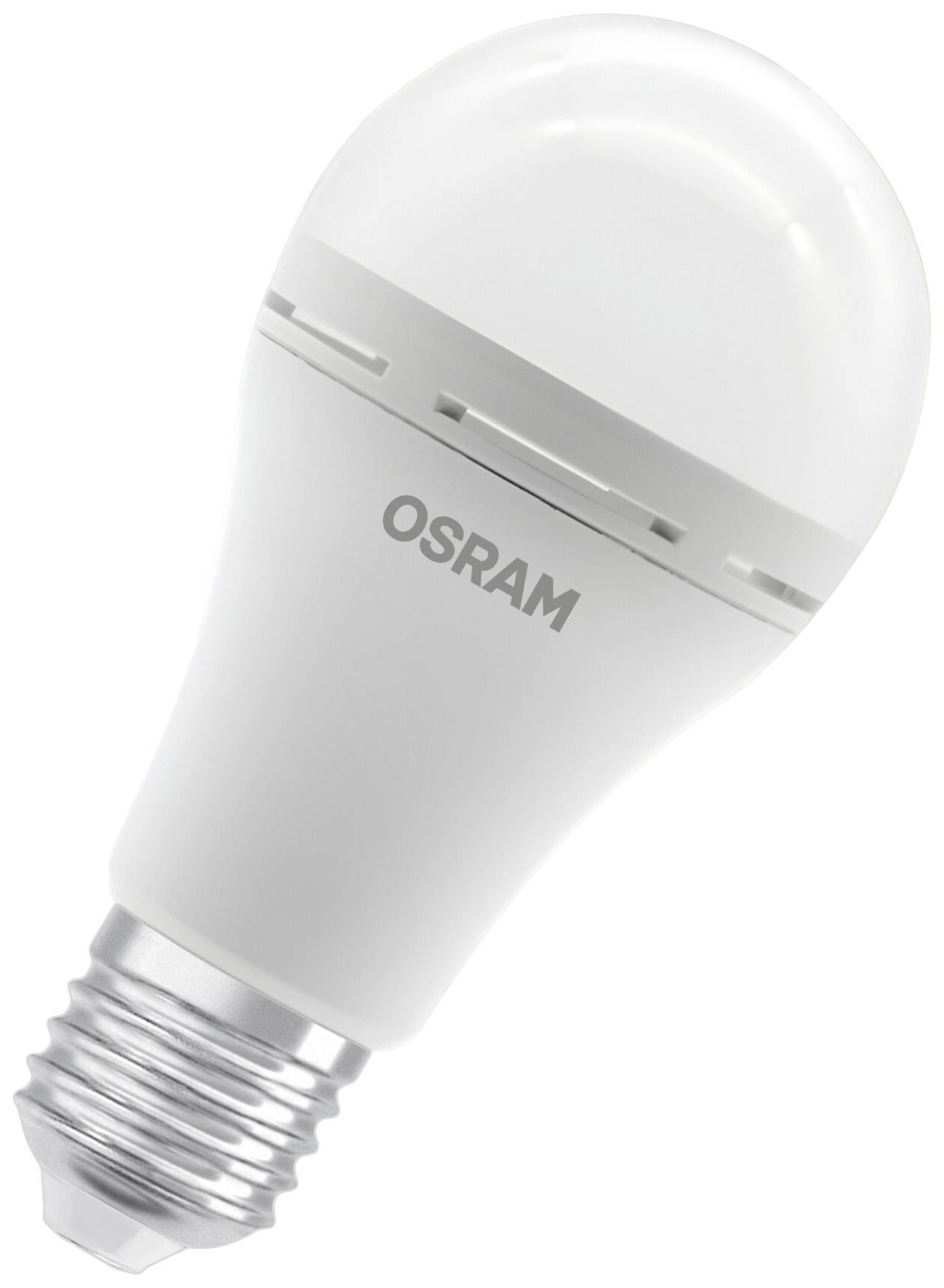 En vit LED-glödlampa med 'OSRAM' tryckt på ytan. Den har en E27-sockel och en energibesparande konstruktion.