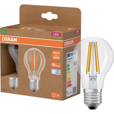 OSRAM LED-glödlampa i kartongförpackning, märkt 1521 lm, 7,2 W, motsvarar 100 W, 50 år, kallvit, E27-sockel.