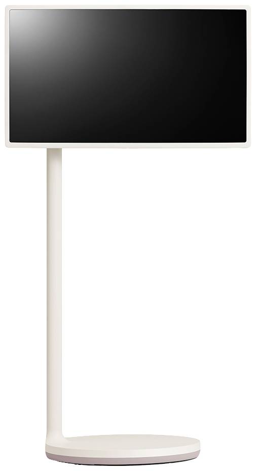 En fristående skärm på ett vitt stativ med svart skärm, utan synliga displayer eller information.