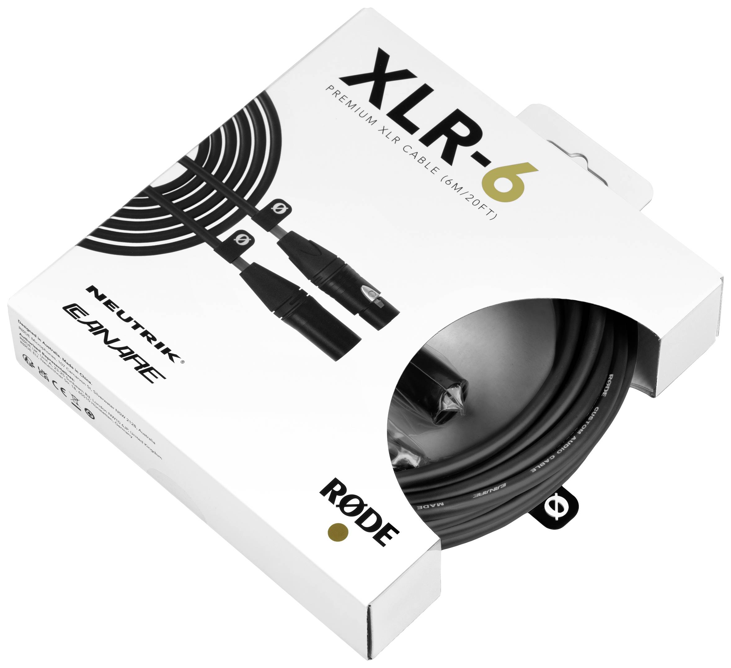 'XLR-6' Premiummikrofonkabel från Neutrik Rode, 6 m långt, i en vit förpackning med bild av kabeln och produktdetaljer.