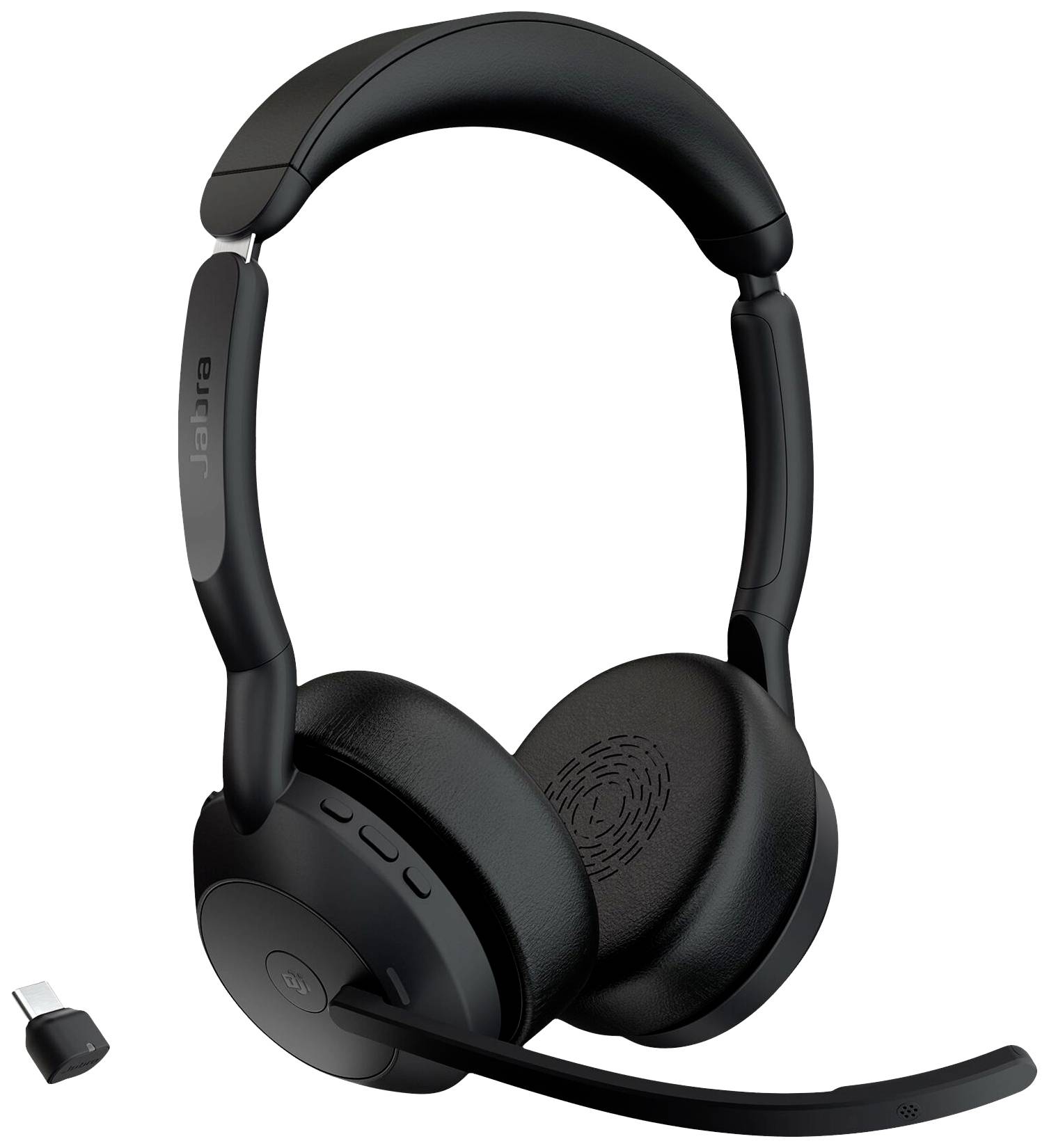 Svart Bluetooth-headset med vridbar mikrofonarm och USB-C-adapter, lämplig för telefonsamtal och musiklyssning.