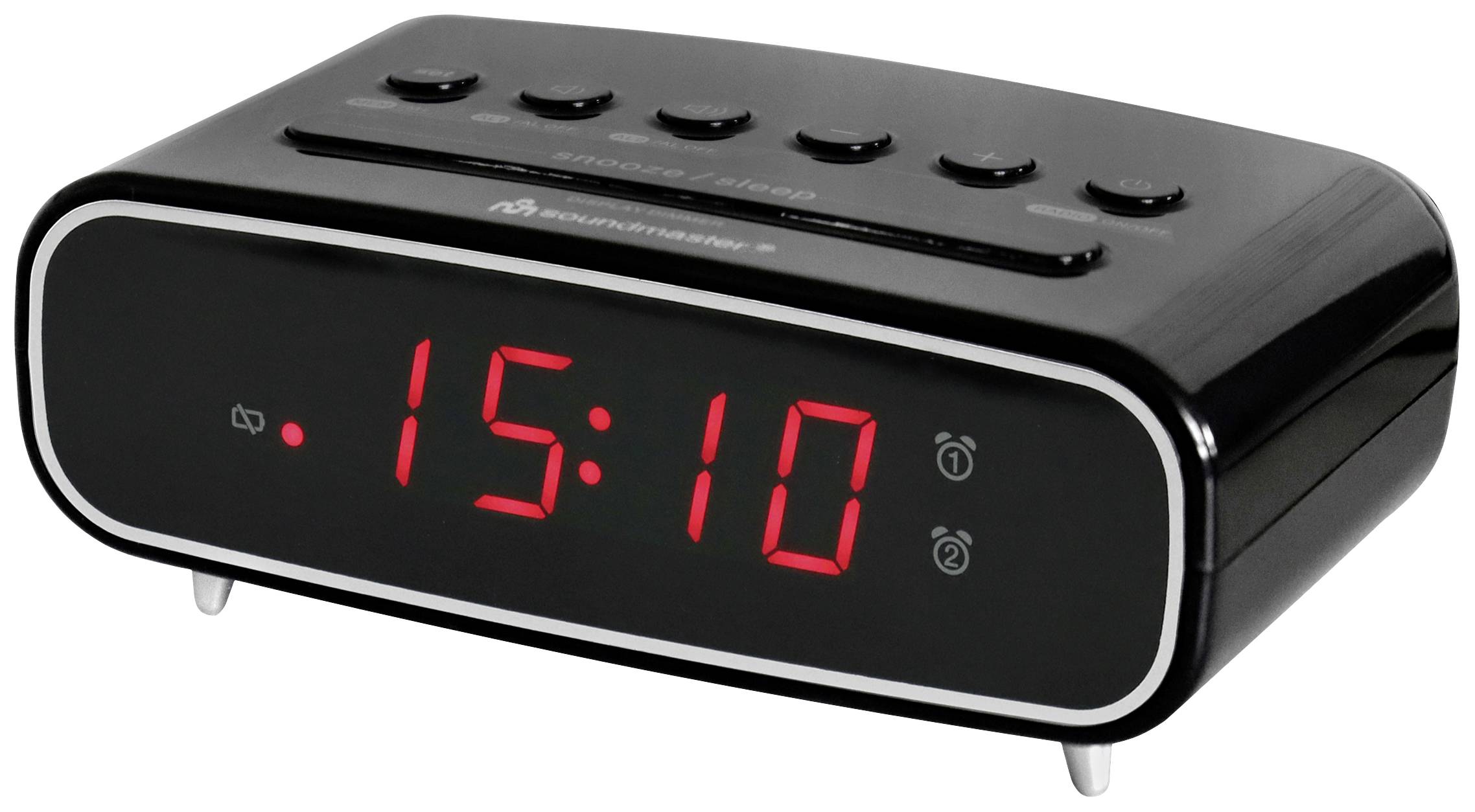 En svart digital väckarklocka visar 15:10 med röda siffror, omgiven av kontrollknappar på ovansidan.