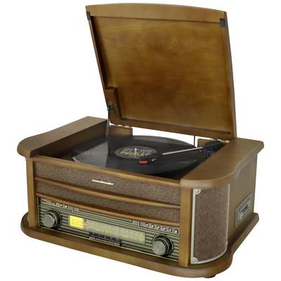En klassisk skivspelare med öppet hölje snurrar en vinylskiva. Vintage-design med träutförande och retro-reglage.