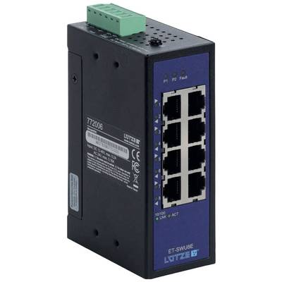 En svart Ethernet-switch med åtta RJ45-portar, en blå frontpanel med statusindikationer och en grön anslutningskontakt överst.