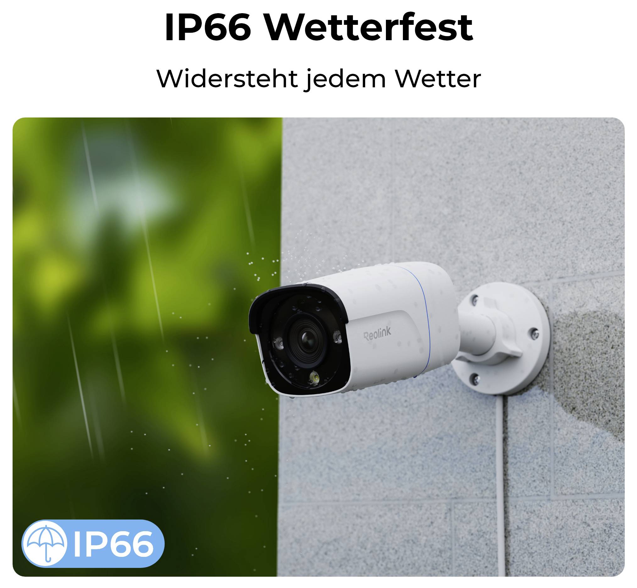 En vit säkerhetskamera monterad på en yttervägg i regn, med texten 'IP66 Vädertät Motstår alla väderförhållanden'.