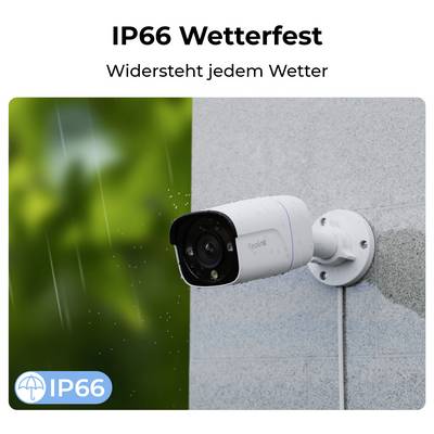 En vit säkerhetskamera monterad på en yttervägg i regn, med texten 'IP66 Vädertät Motstår alla väderförhållanden'.