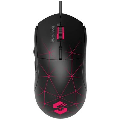 En svart gamingmus med röttgeometriskt mönster, kabel och scrollhjul. Varumärket 'speedlink' på ytan.