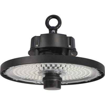 En rund, svart LED-industrilampa med en krok ovanpå, lämplig för hallbelysning.