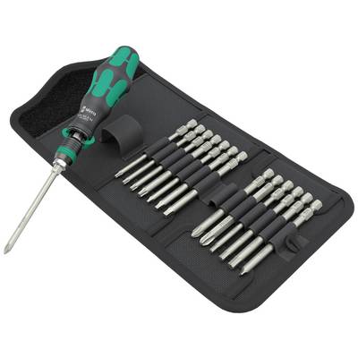 'Uppsättning utbytbara skruvmejselspetsar med ergonomiskt handtag, placerade på ett matt svart underlag.'