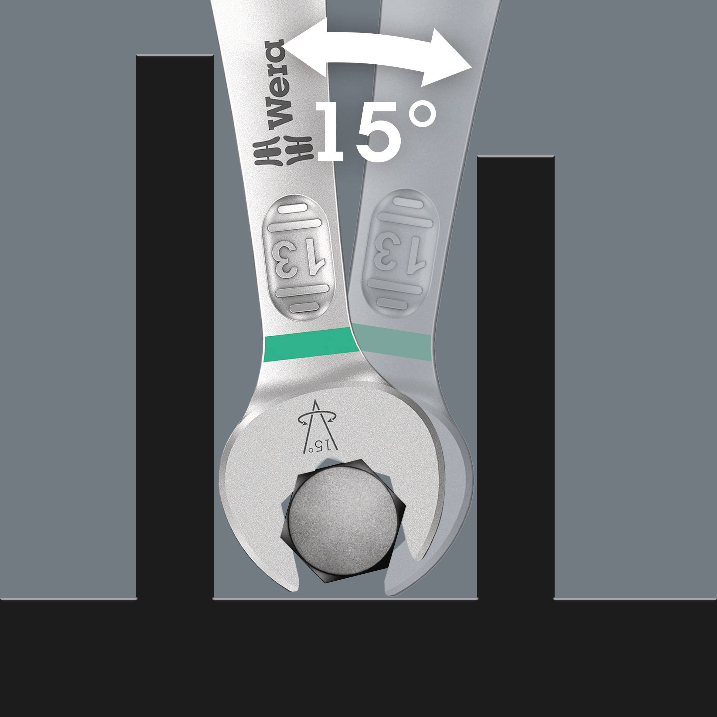 Ett skiftnyckelhuvud med en 15° förskjuten vinkel som drar åt en sexkantmutter. Varumärkets logotyp och måttangivelser tydligt synliga.