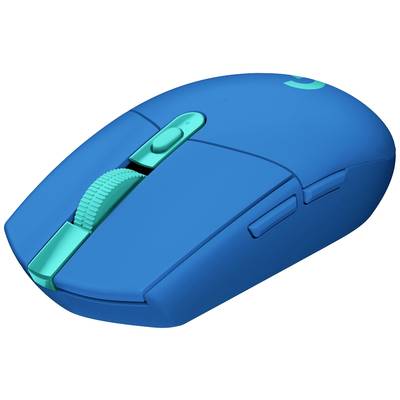 En blå datormus med två knappar och ett scrollhjul, igenkännbar genom sin ergonomiska form och färgsättning.