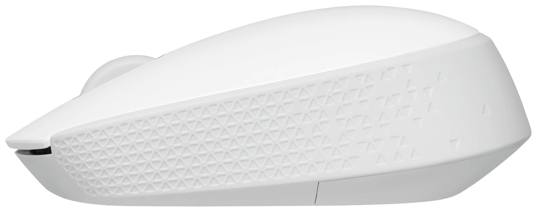 Vit trådlös datormus med lätt strukturerat grepp, designad platt och ergonomiskt.