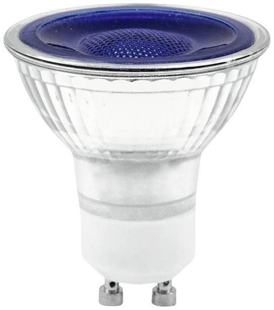 En LED-lampa med blå täckkupa och GU10-sockel, som används för riktad belysning.