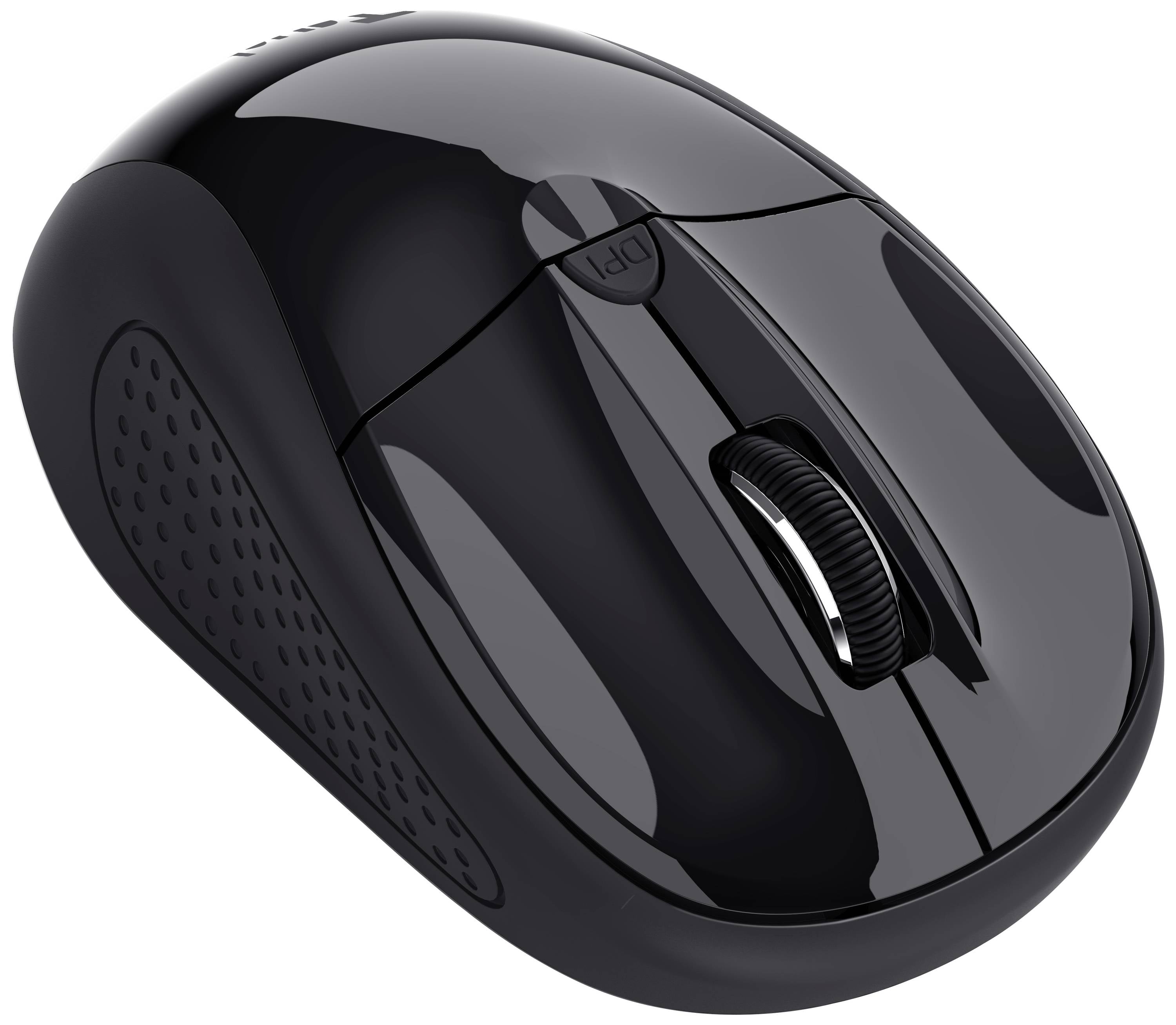 Svart, trådlös datormus med ergonomisk design och gummerade sidogrepp, lämplig för bekväm användning.