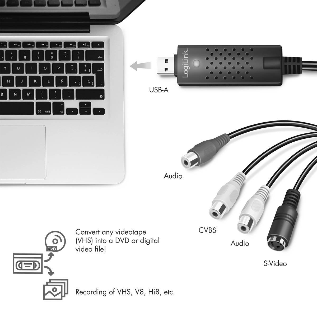 Överdelen av en bärbar dator ansluten till en USB-konverterare. Tre kabelanslutningar: Audio, CVBS, S-Video. Konverteraren används för att ansluta äldre videosystem till digitala enheter.