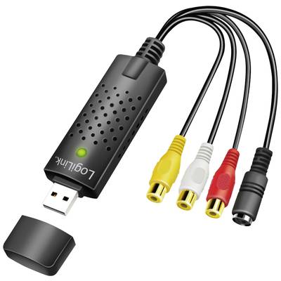 En USB-adapter med flera färgkodade kablar: gul, vit, röd för ljud/video och svart för ström; används för att ansluta enheter.