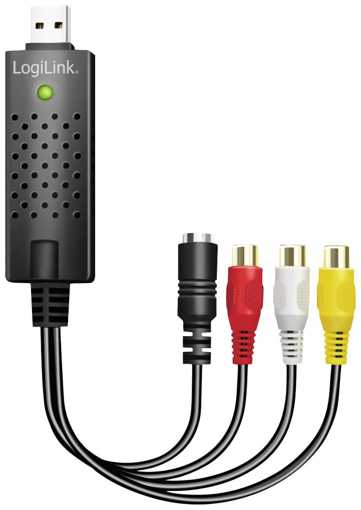 En videoinspelningsenhet från LogiLink med USB-anslutning, bestående av fyra kablar: en svart, en röd-vit och en gul RCA-kontakt.