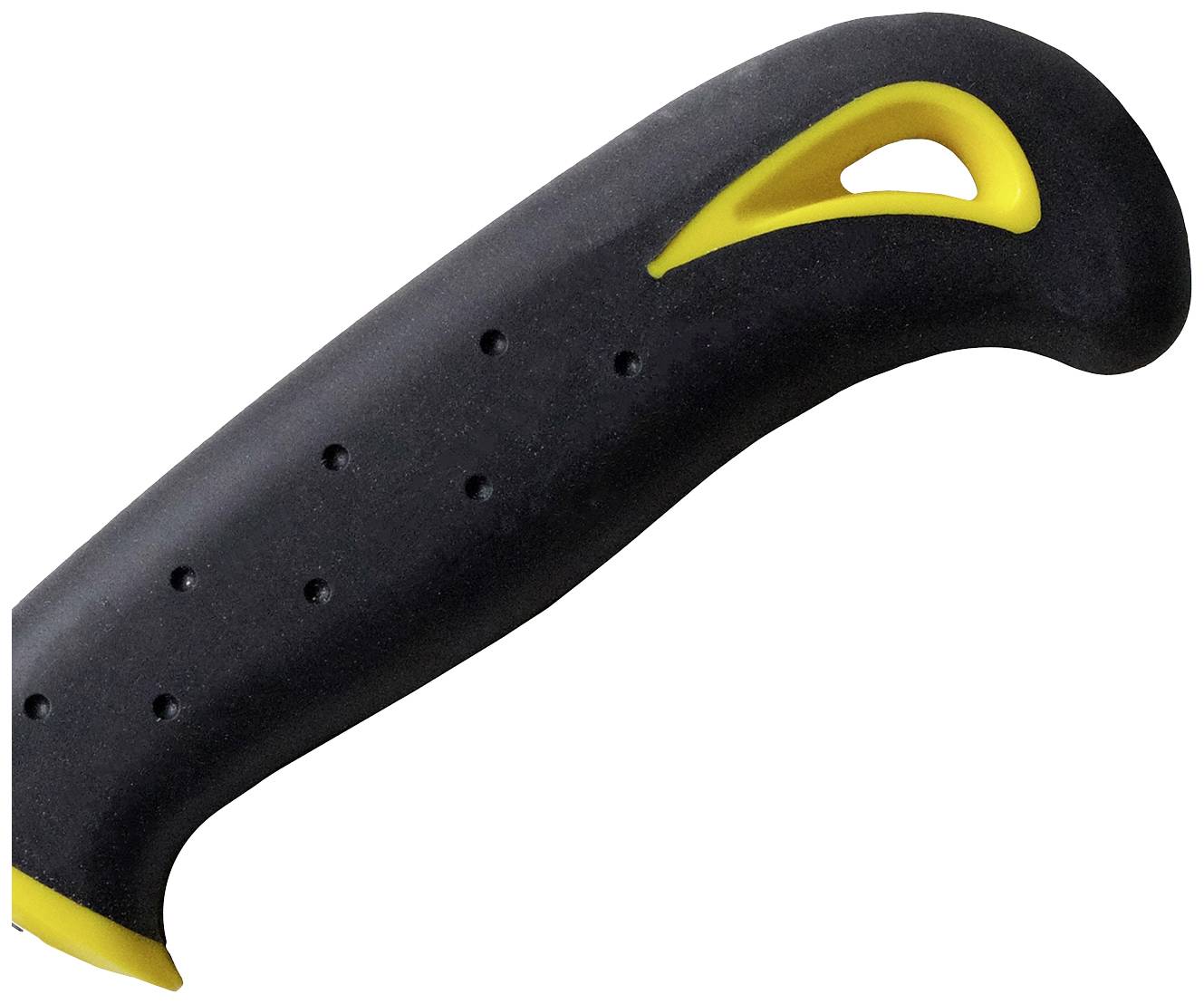 Svart handtag med gul öppning på ovansidan, ergonomisk form, sannolikt för ett handverktyg.