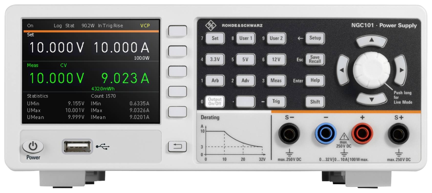 Elektroniskt laboratorieströmförsörjningsverk med digital display visar 10,00V och 9,023A. Knappar och anslutningar för styrning och mätning synliga.