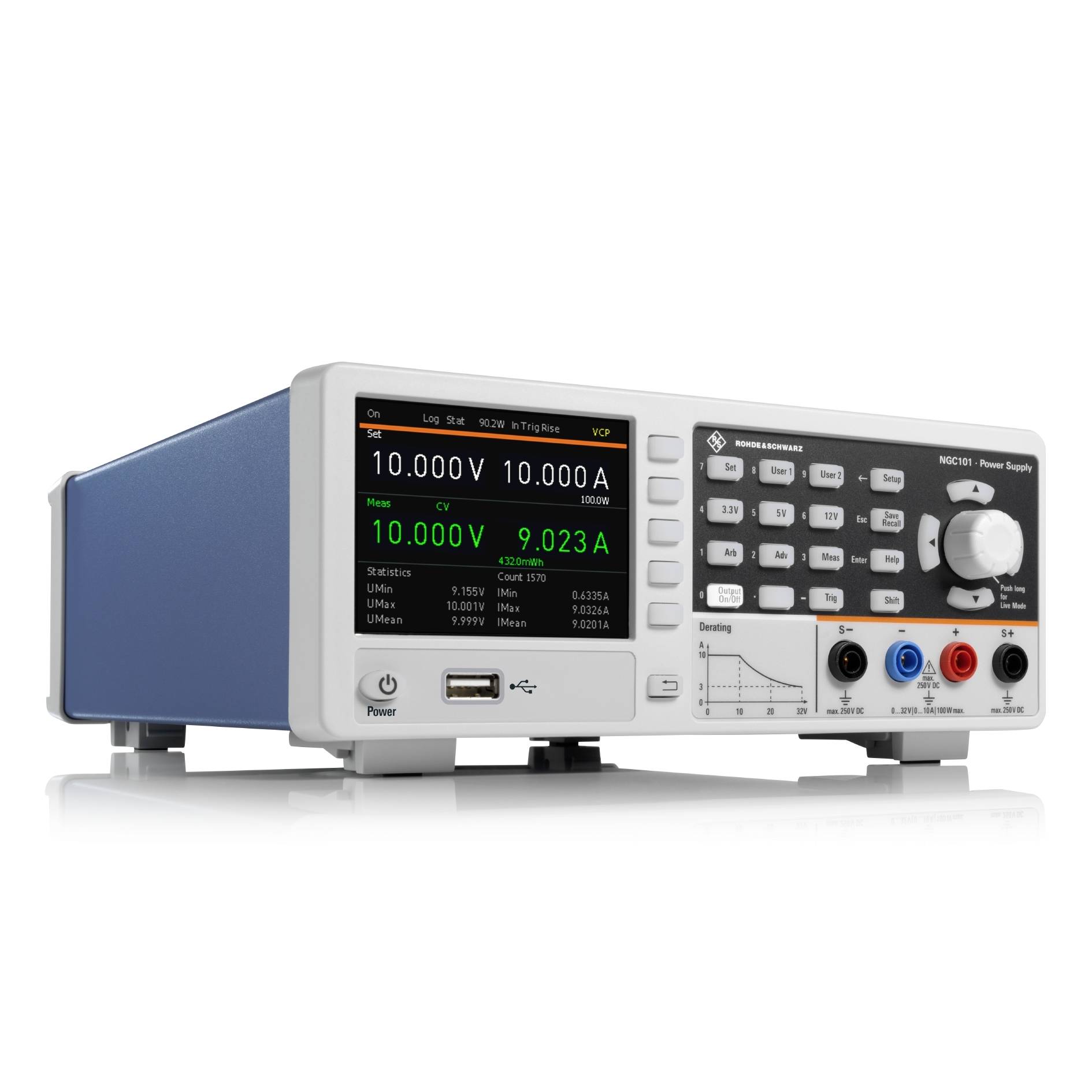 Ett laboratorie-nätaggregat med digital display visar 10.000 volt och 9.023 ampere. Det har inmatningsreglage och anslutningar på framsidan.